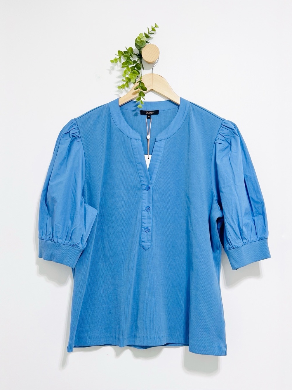 Quince NWT True Blue Mixed Media Cotton Puff Sleeve Minimalist Top